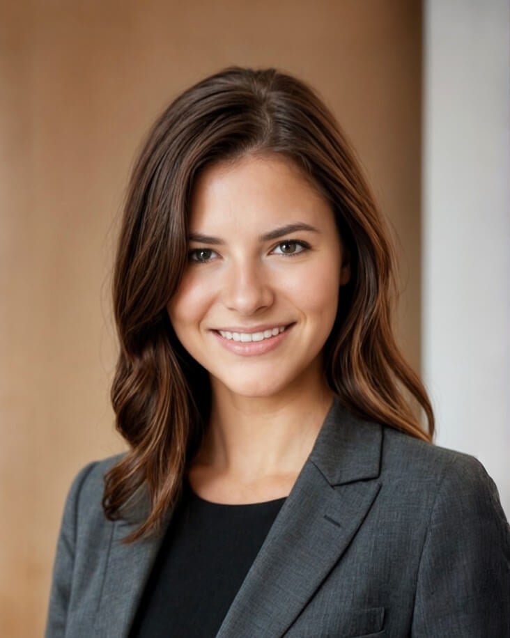 AI generated business headshot of a smiling female with long brown hair in dark business attire by Fotor