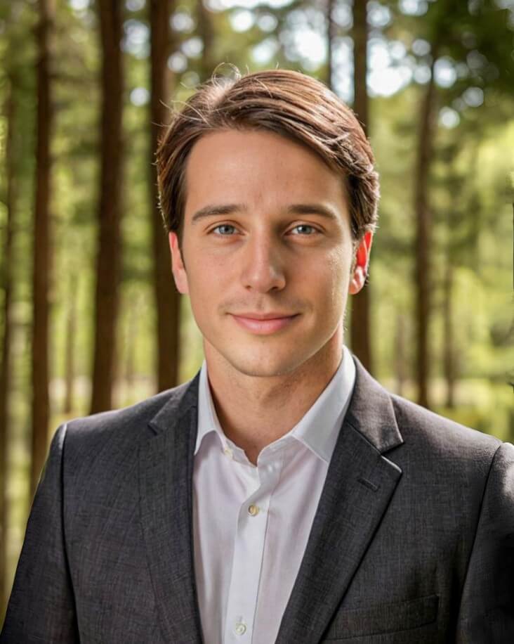 AI generated headshot of a man in the dark business attire with a blurred forest view background generated by Fotor AI LinkedIn photo generator