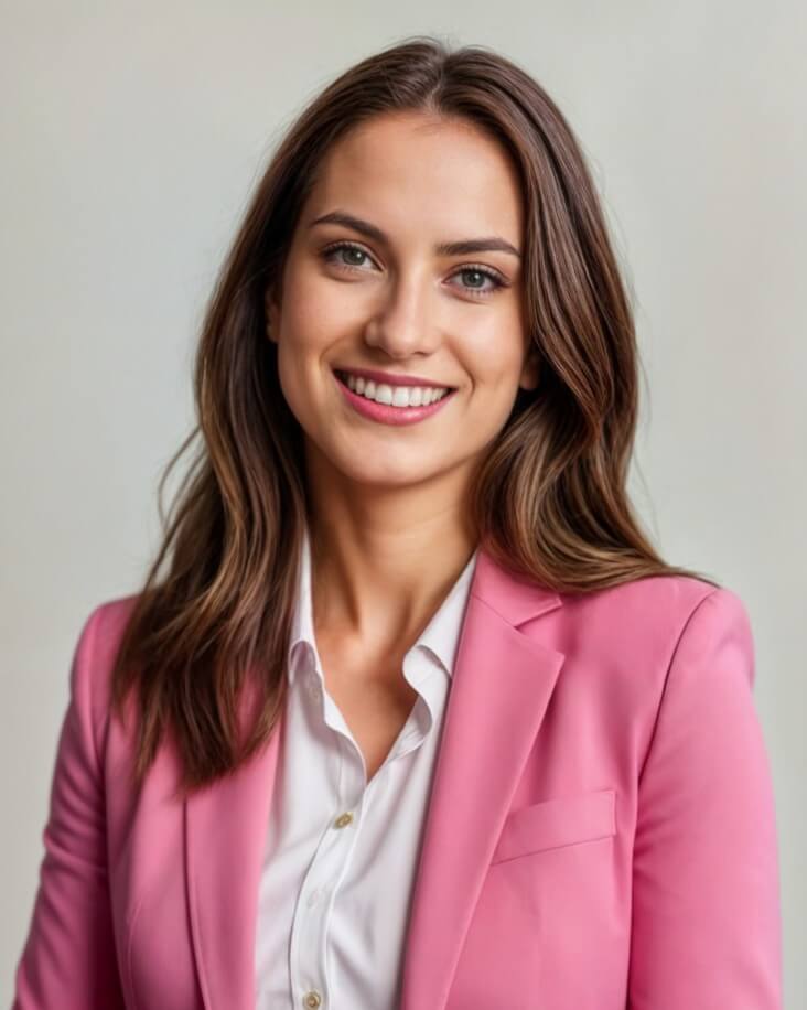 AI generated professional headshot of a female with long hair in the pink and white business attire by Fotor