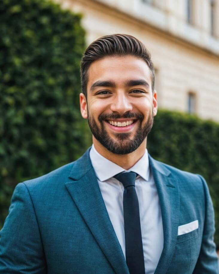 AI generated professional headshot of a smiling man wearing a blur business attire by Fotor