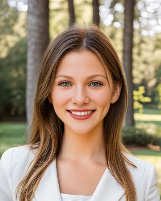 AI generated professional profile picture of a smiling female in white business attire with her back to the blurred forest view by Fotor