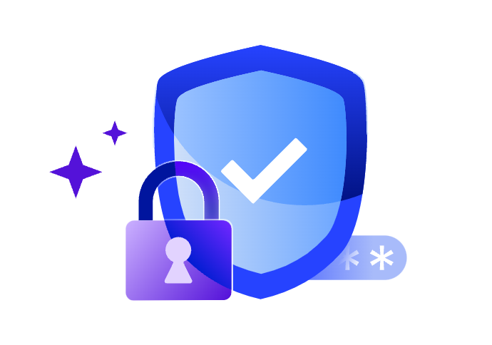 blue and purple security shield and lock icon