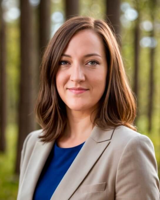 headshot of a female wearing a light brown business suit with her back to a blurred forest view generated by Fotor AI LinkedIn photo generator
