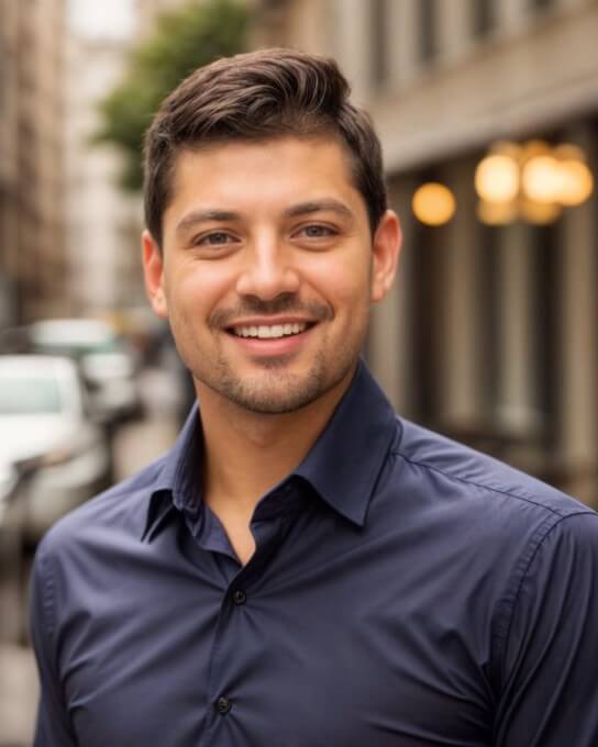 headshot of a smiling man wearing the dark blue business shirt generated by Fotor AI LinkedIn photo generator