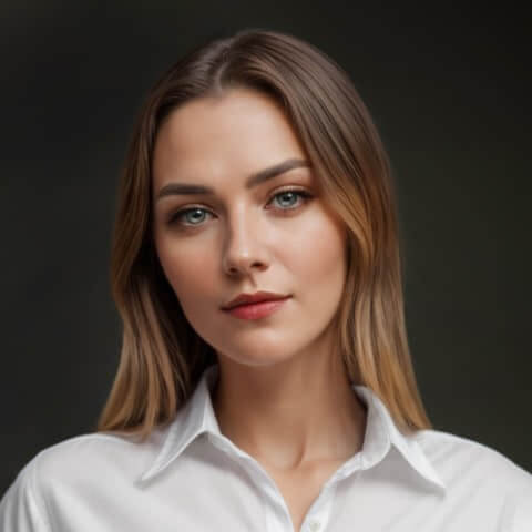 headshot of woman in white blouse with a black backdrop
