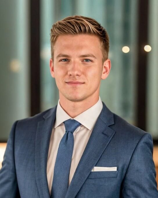 professional headshot of a man wearing a dark blue and white business attire created in Fotor AI LinkedIn photo generator