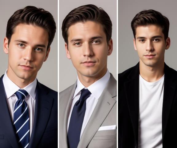 three male headshots with different attires and poses