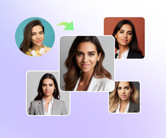 use female daily life selfie to generate four headshots with various backgrounds and outfits