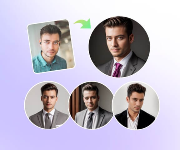 use male daily life selfie to generate four headshots with various backgrounds and outfits in fotor