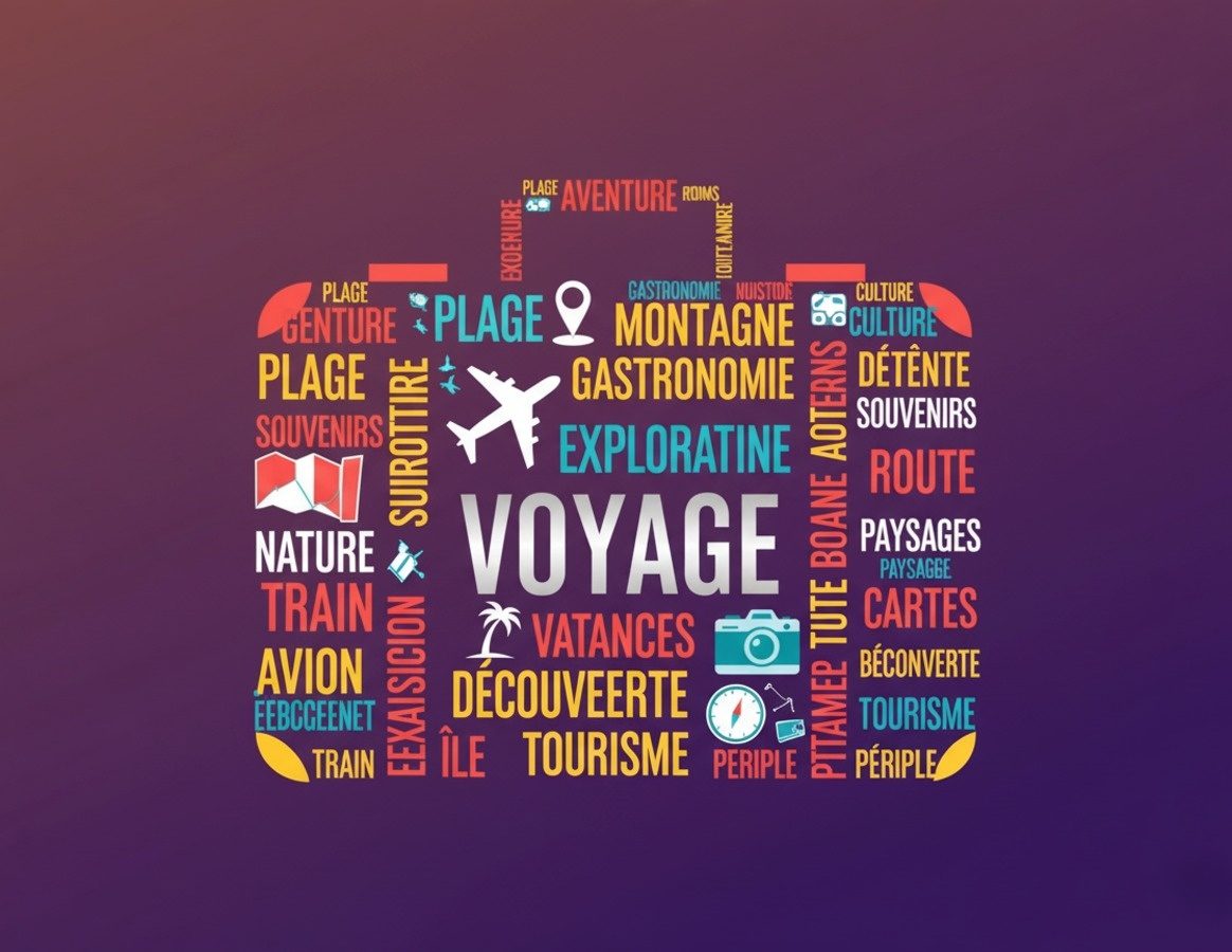 Nuage de mots sur le thème de voyage généré par le modèle Nano Banana