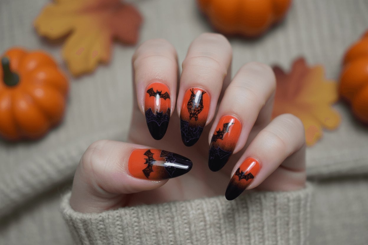 Orange to black gradient Halloween nails with bat silhouettes