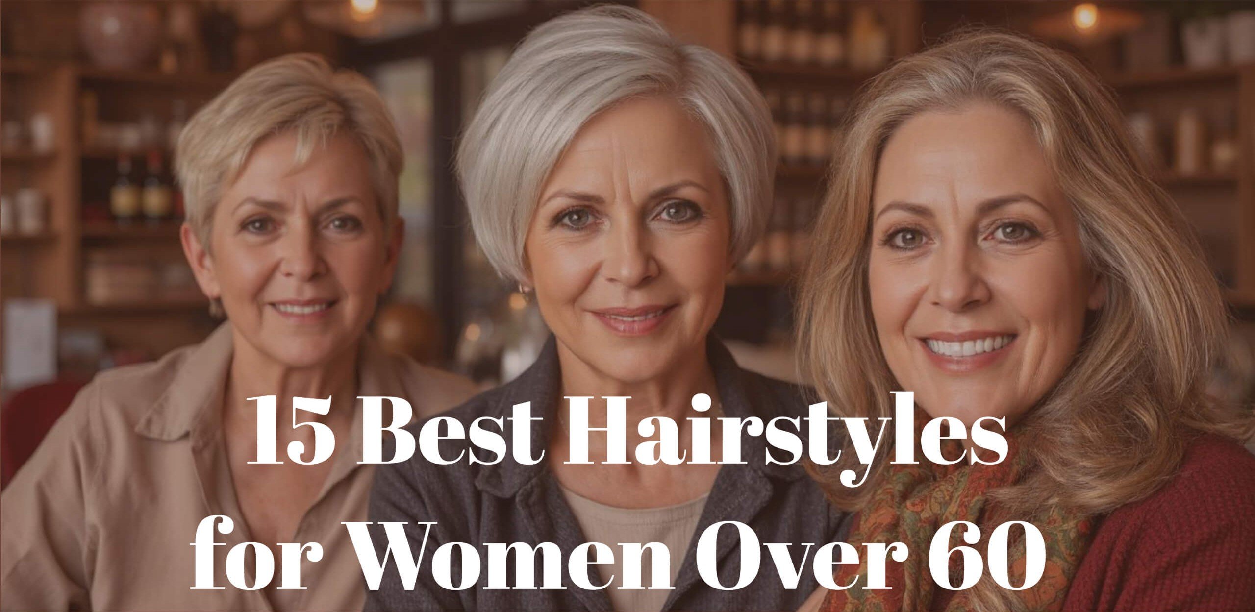 The blog cover for 15 best hairstyles for women over 60 showcases three women with different haircuts including a pixie cut a bob cut and medium length hair