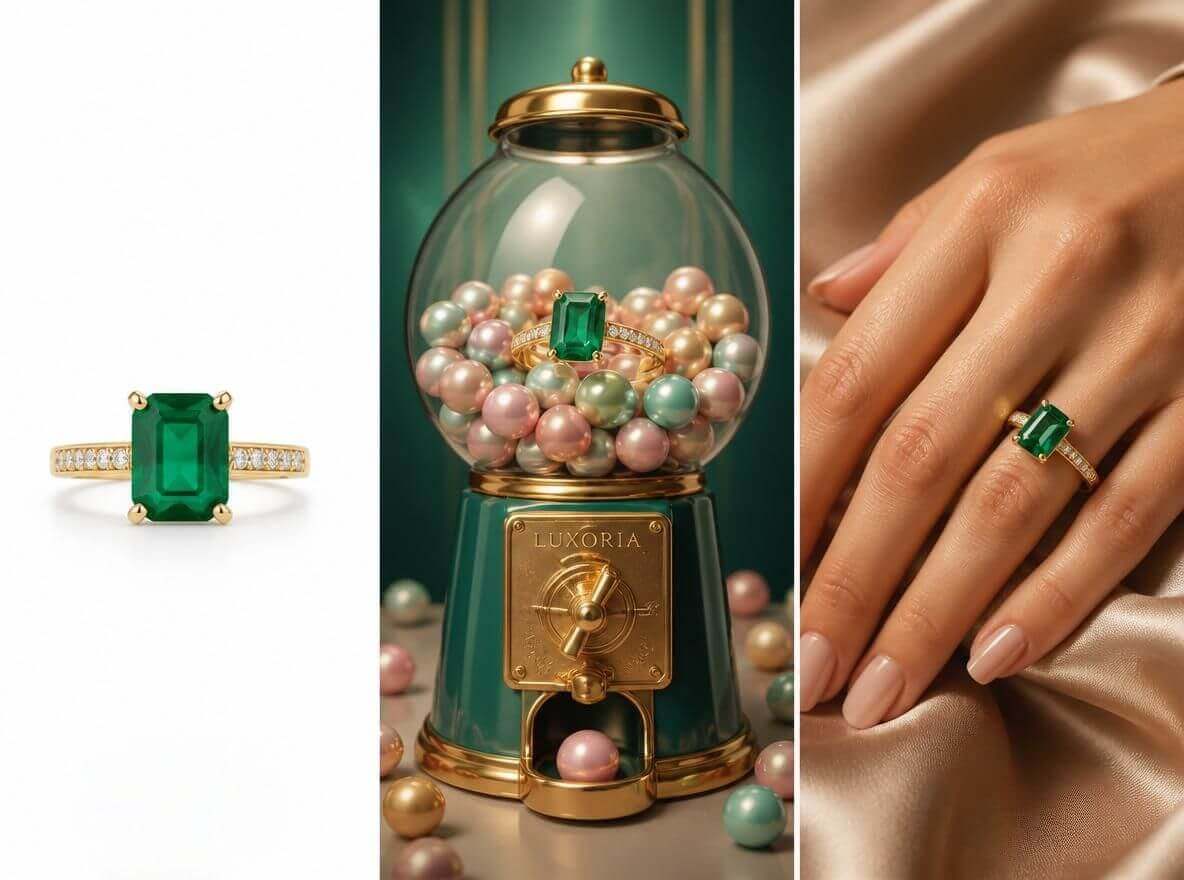 A banner image featuring a creative collage of three different emerald ring photographs