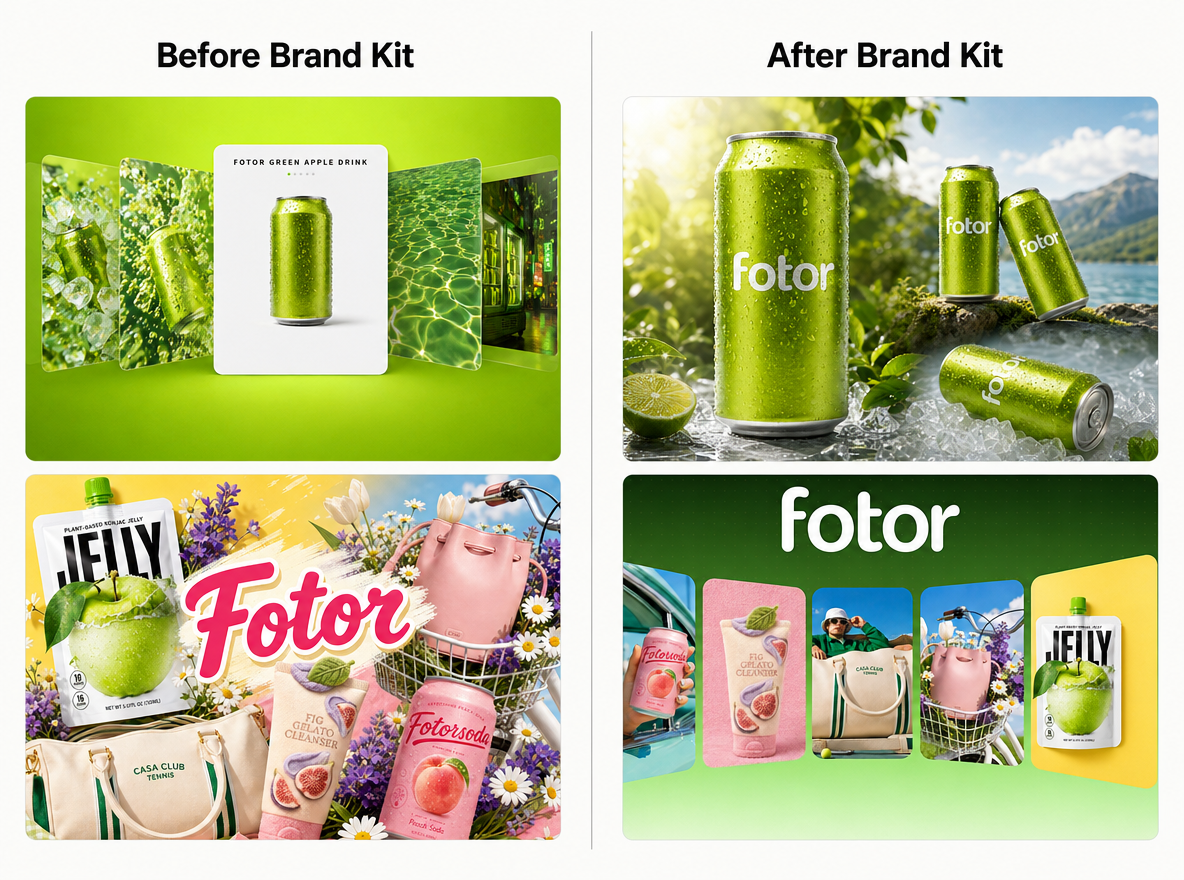 A comparsion of two sets of images with or without brand kit