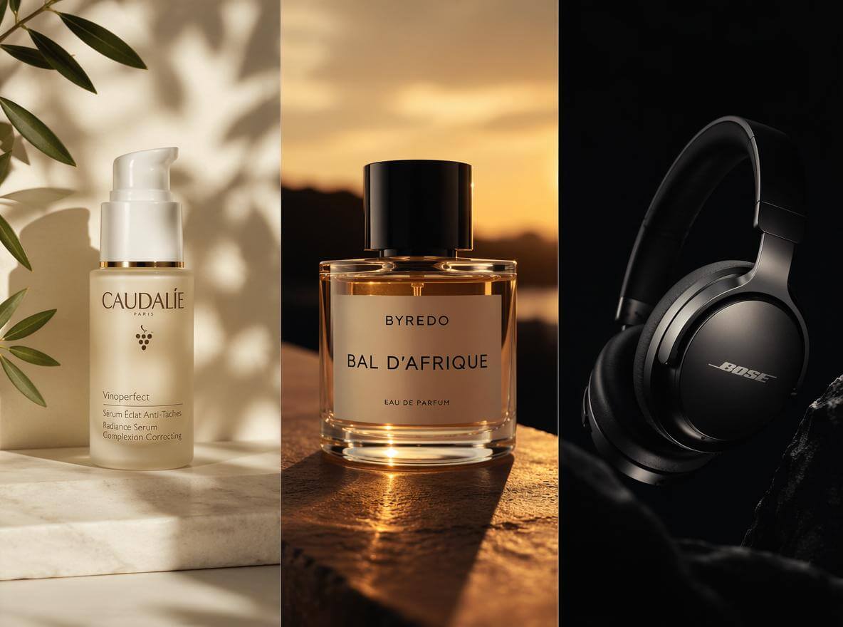 A minimalist split screen photography collage of luxury products with shadow play and warm lighting