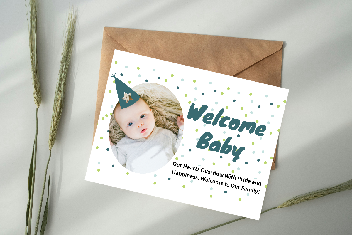 A welcome baby card on desk