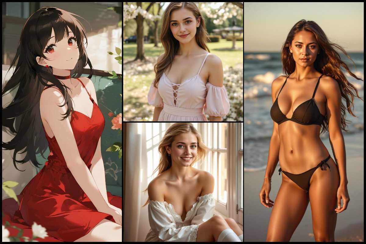 Image de bannière montrant 4 petites amies IA sexy aux styles danime et réaliste