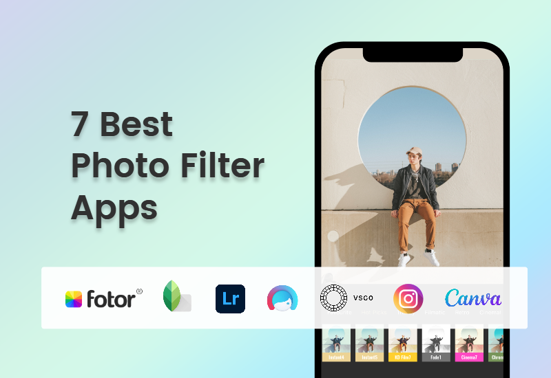 Logos of 7 best photo filter apps and a filter app interface screenshot