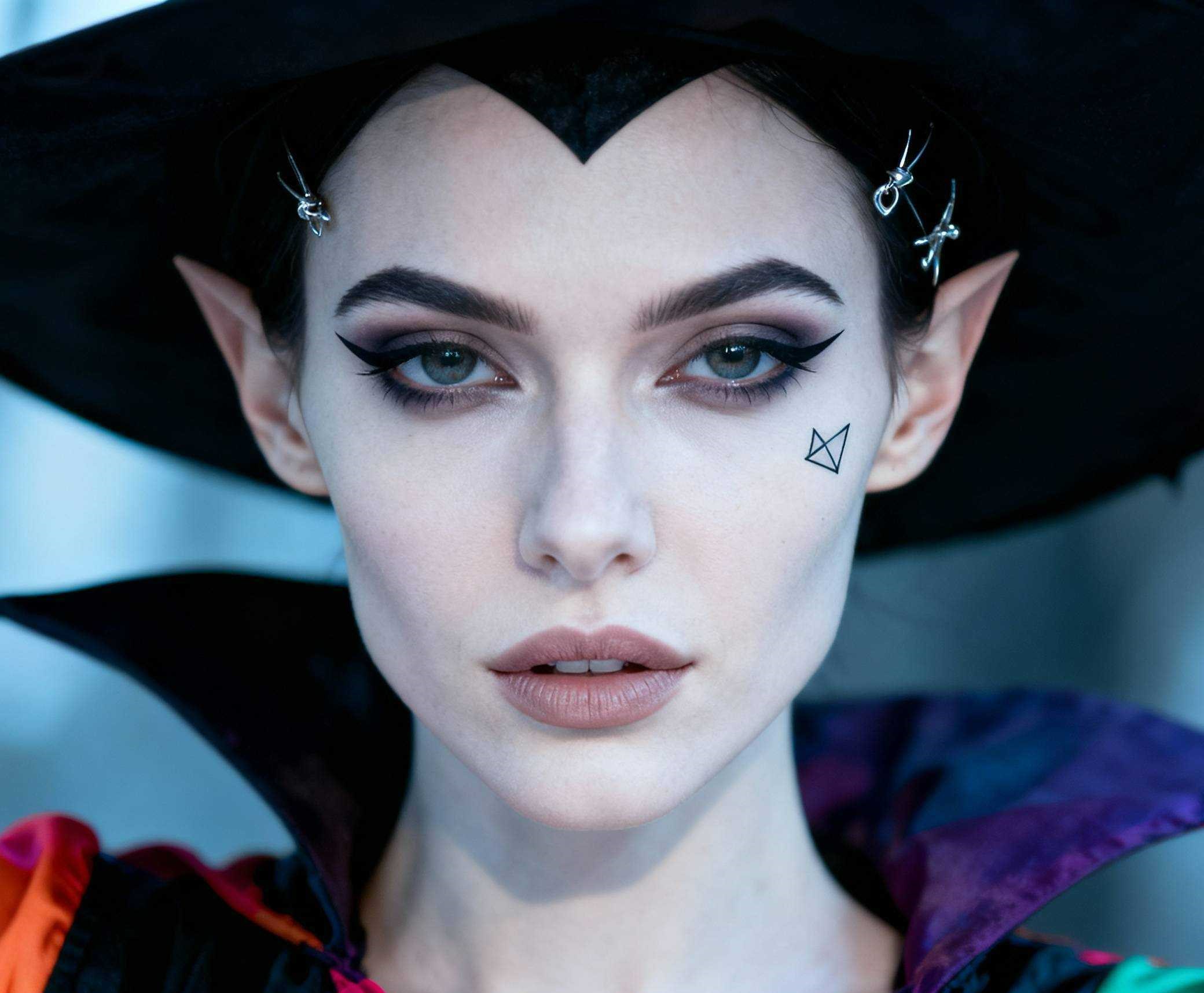 Simple witch face makeup for Halloween with a witch hat example
