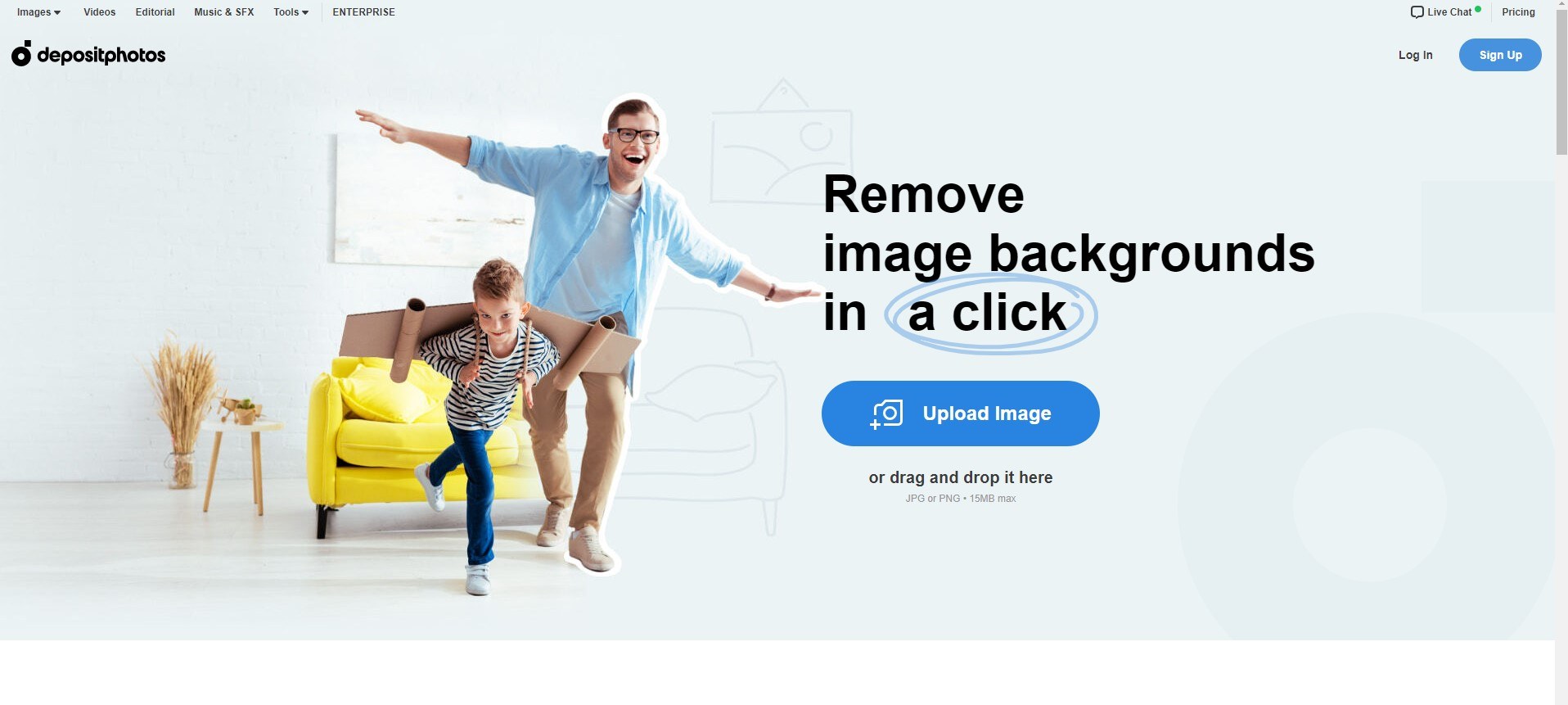 Depositphotos page with a man and a child play together