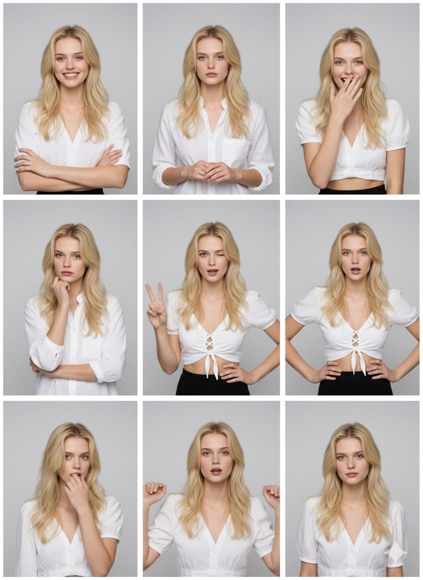 AI生成图像：3x3 九宮格照片：活力與時尚姿勢