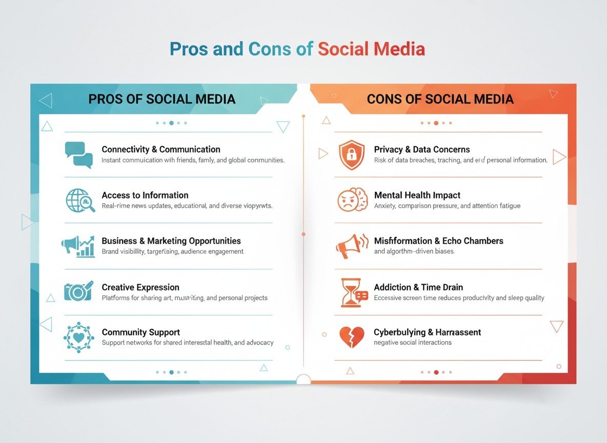 A comparison Infographic about pros and cons of social media
