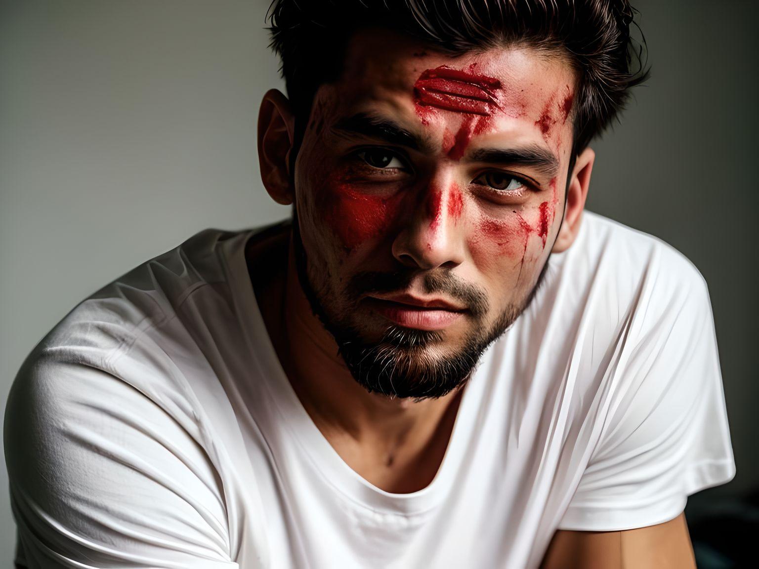 A man was wearing a white T-shirt with blood on it and some scars on his face