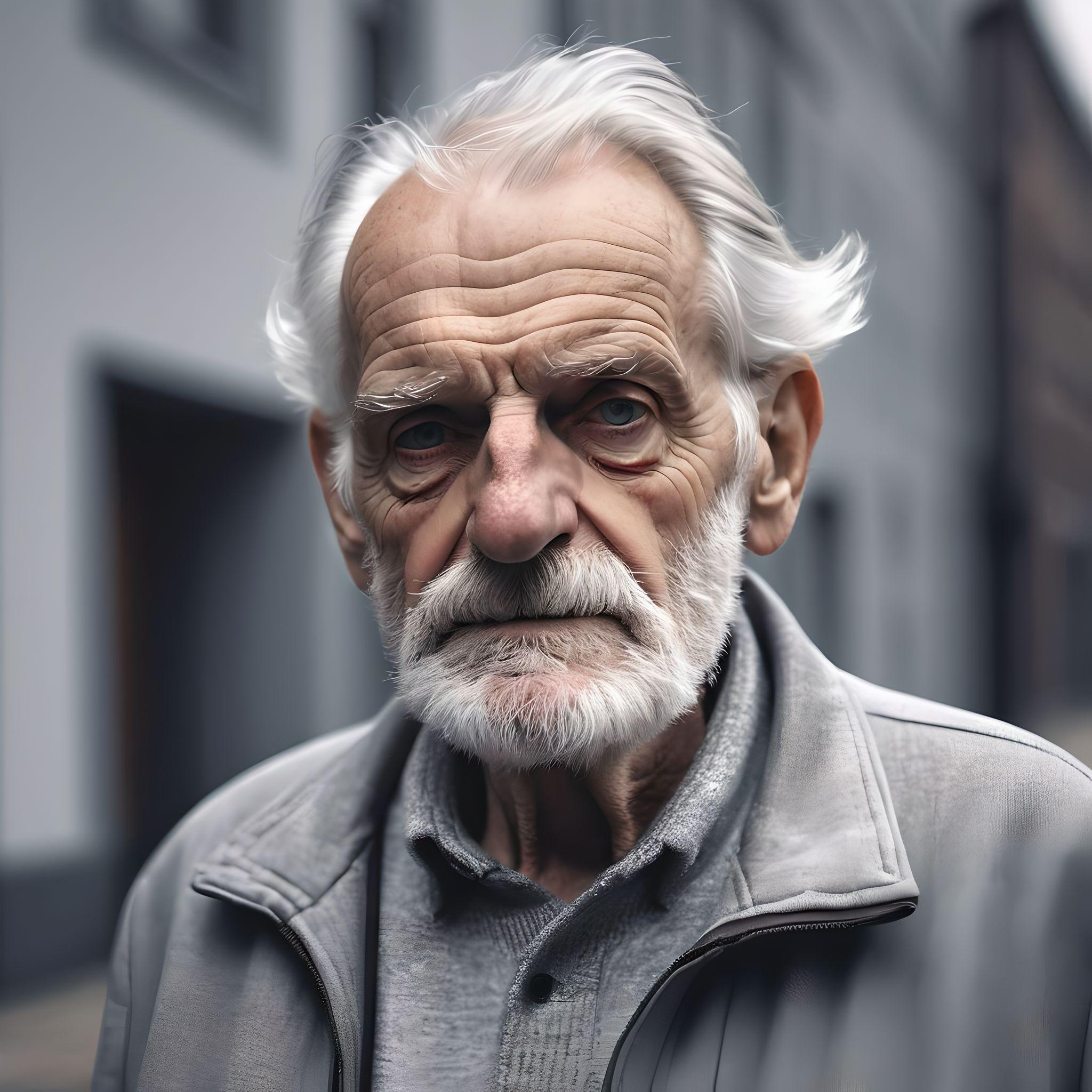 A photograph of an old man wearing a gray jacket with a minimalist look