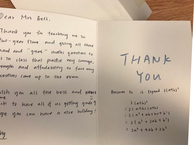A thank you teacher card from a student