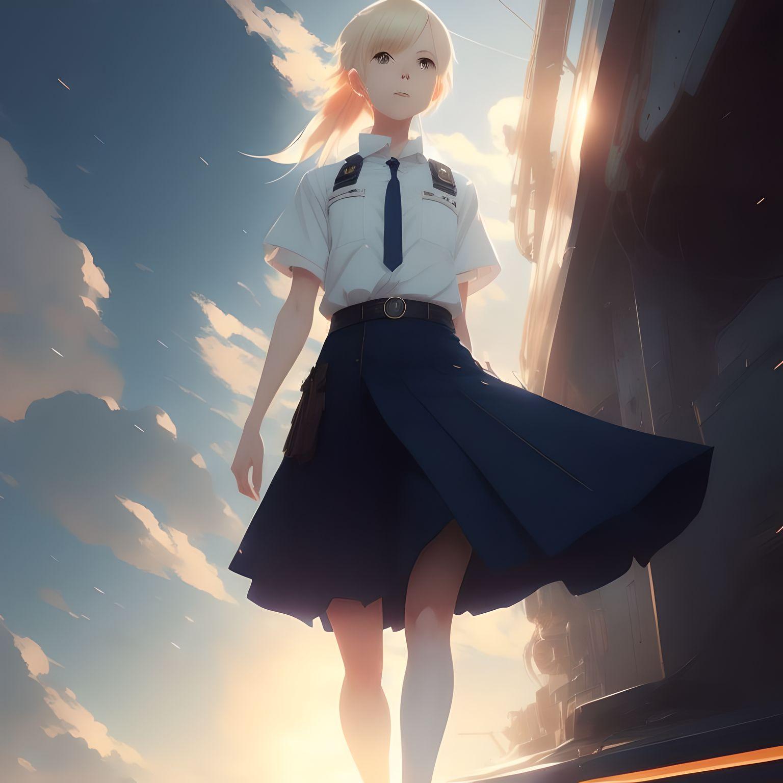 An anime illustration of a girl with blond hair and navy style skirt