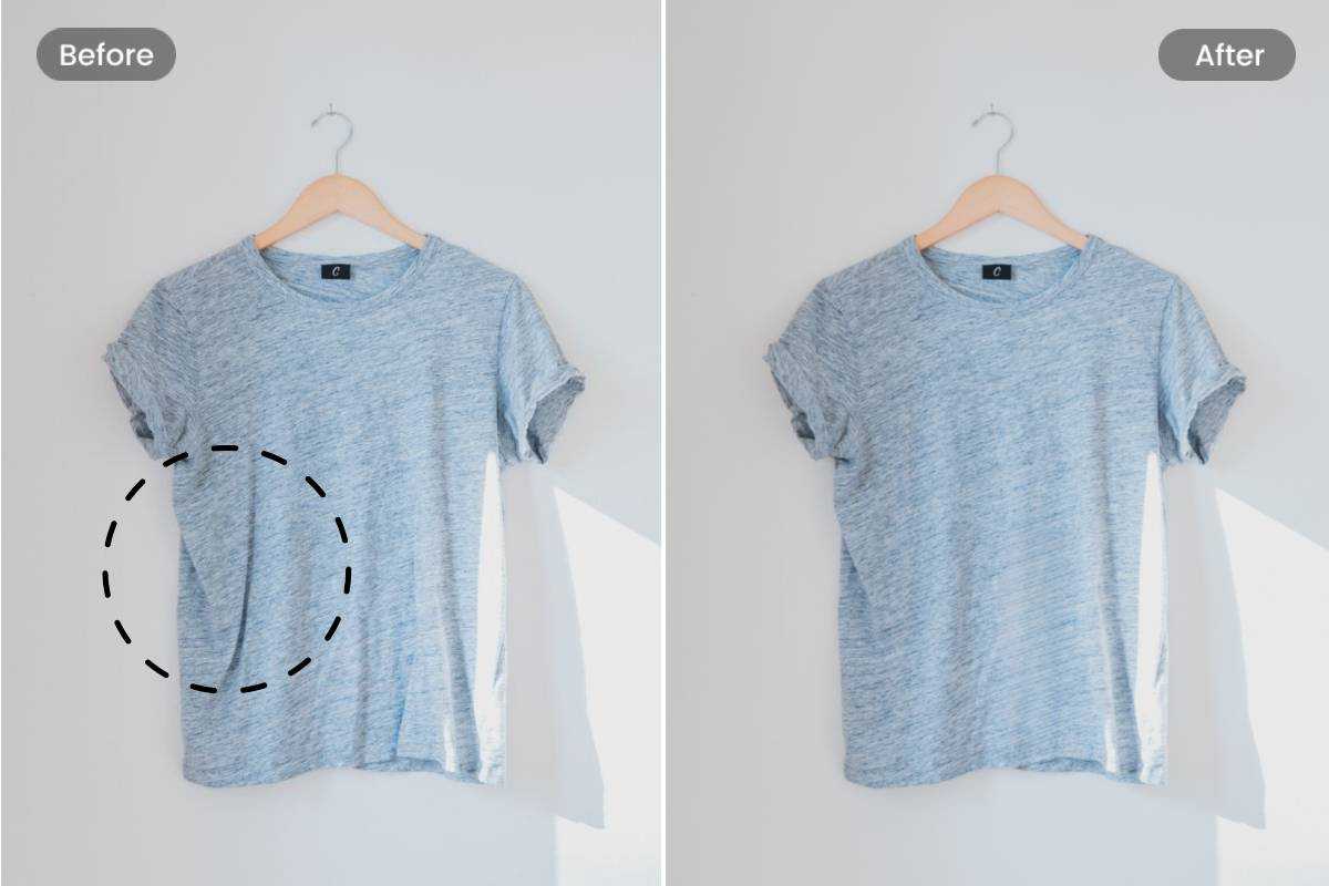 An example of before and after removing wrinkles from a t-shirt using Fotor photo editor
