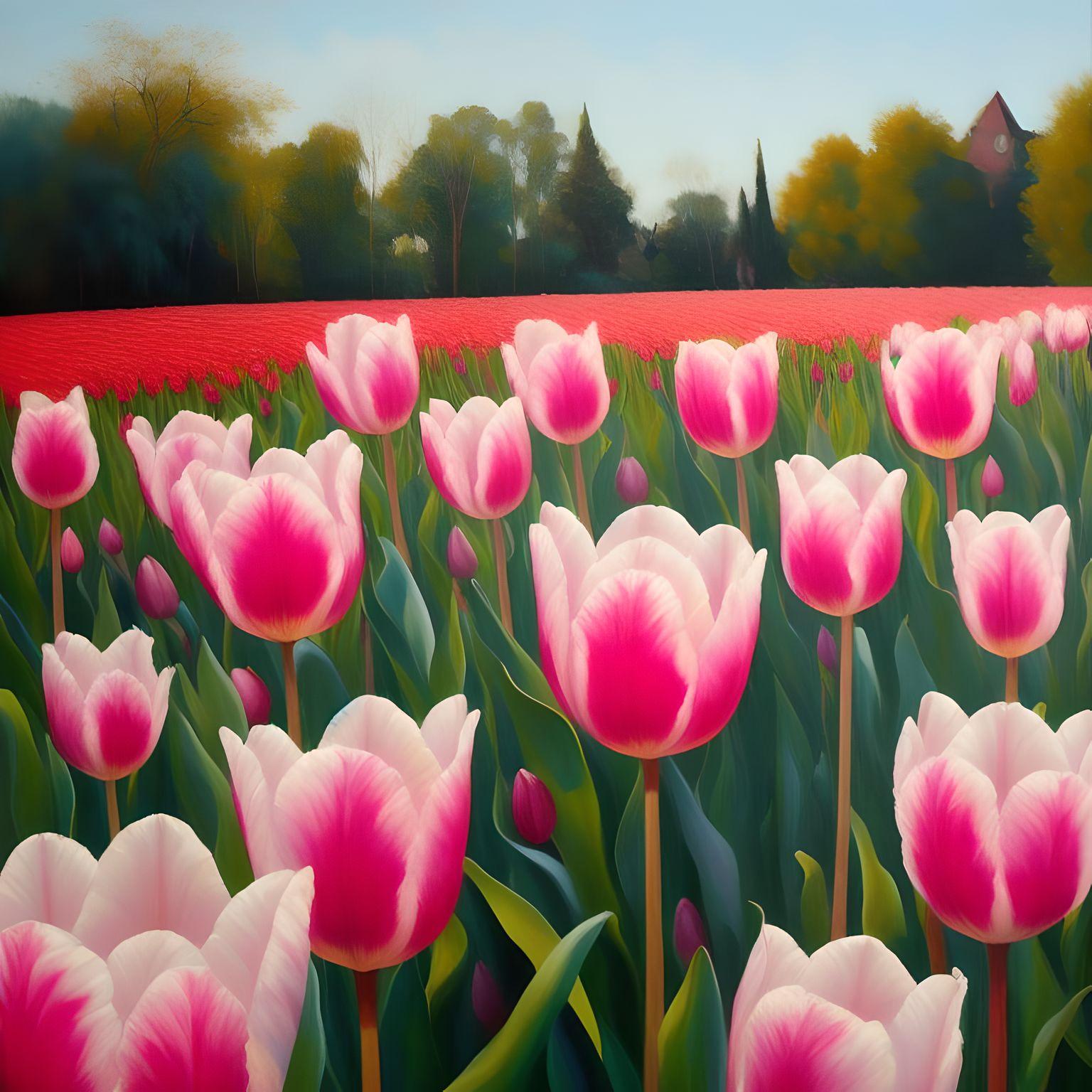 An oil painting of a group of pink tulips in the garden