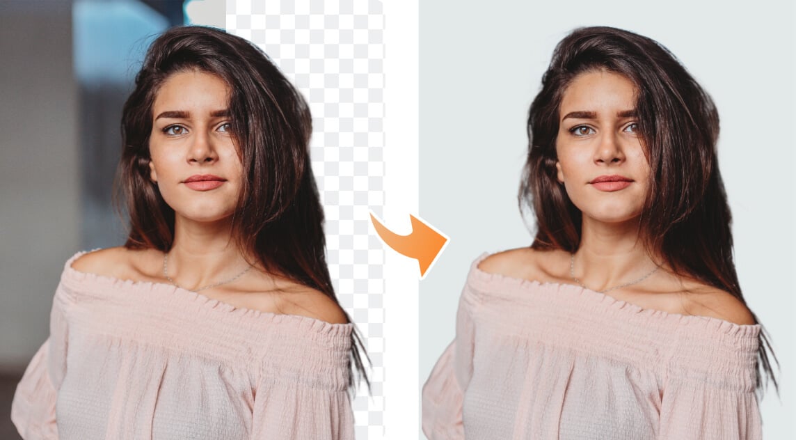 Before and after examples of changing a headshot's background using Fotor's AI background changer