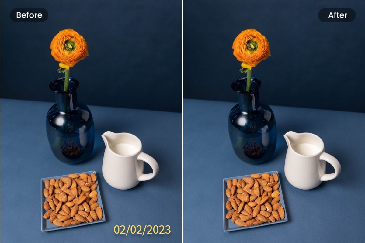 Before and after removing date stamp from a photo