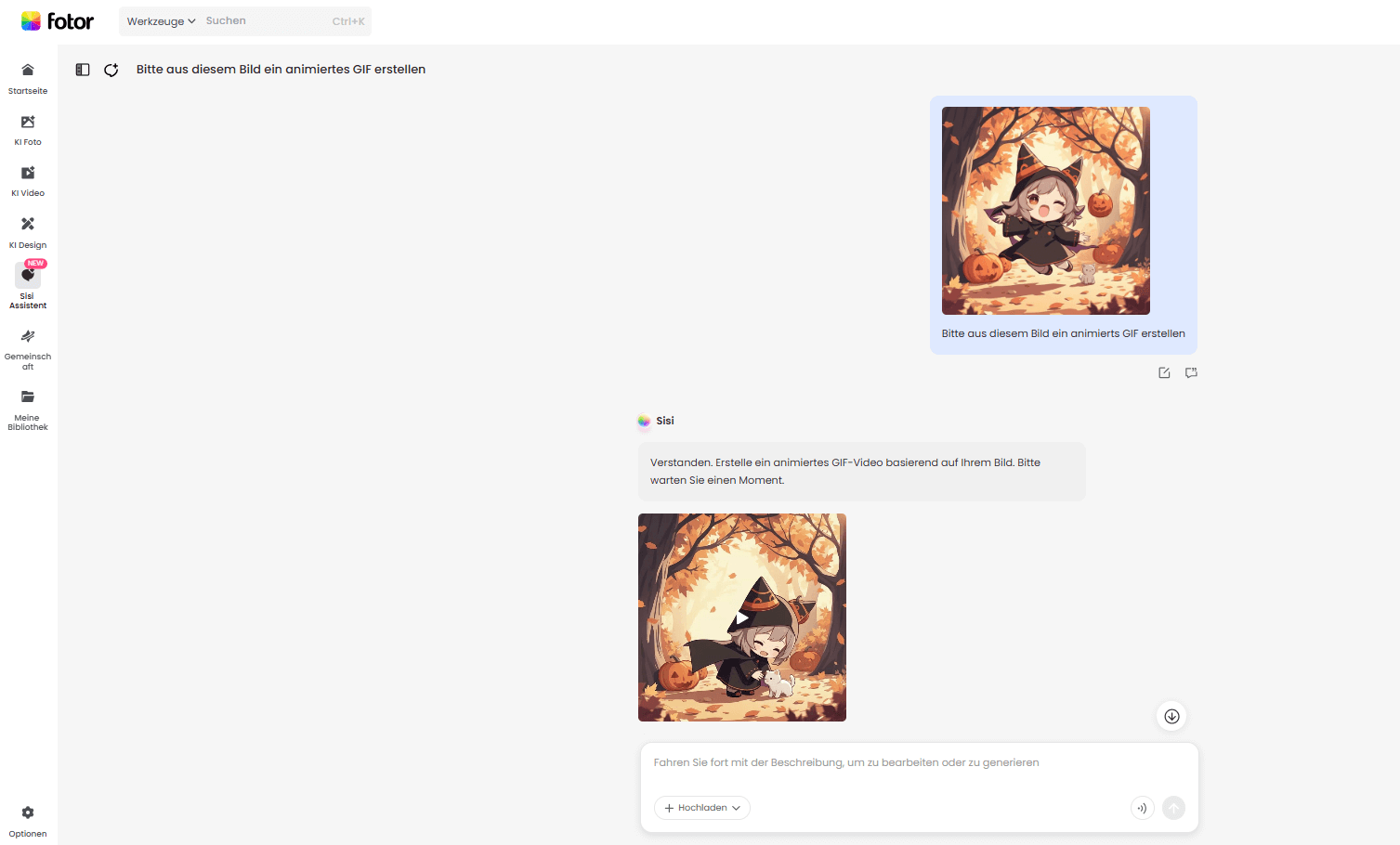 Benutzeroberfläche von dem KI Agenten von Fotor