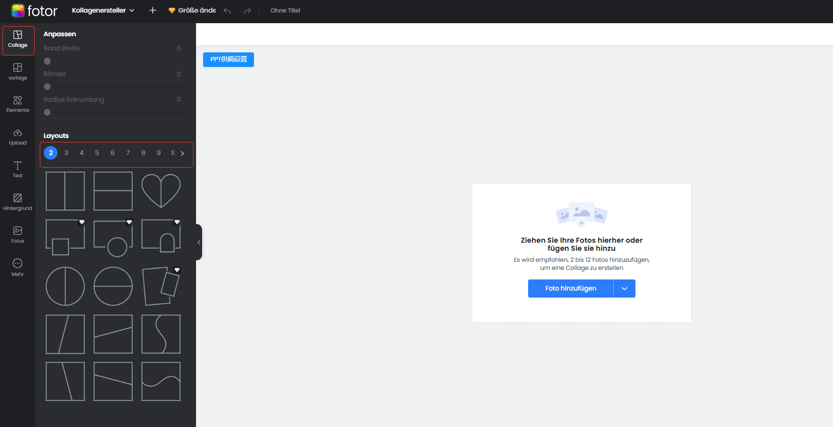 Benutzeroberflaeche von Fotor Fotocollagen