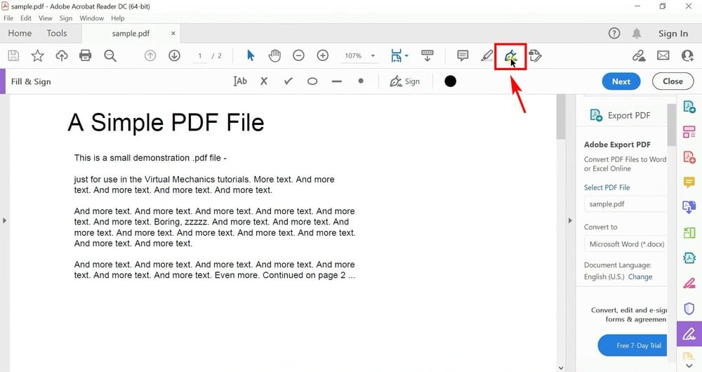 Click on the pen icon in the toolbar to add signature to PDF in Adobe Acrobat