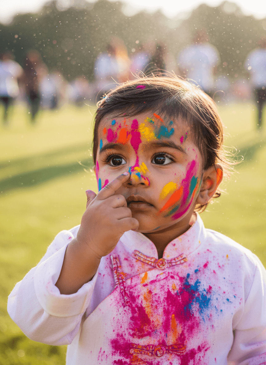 Close-up of Indian baby with Holi colors on face generated with Fotor AI image generator