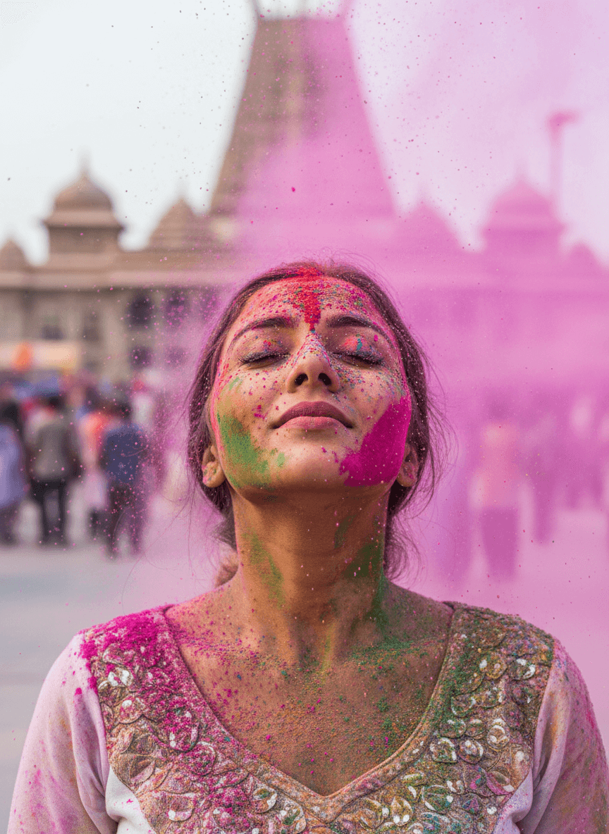 Close-up of Indian woman covered in Holi powder at temple generated with Fotor AI