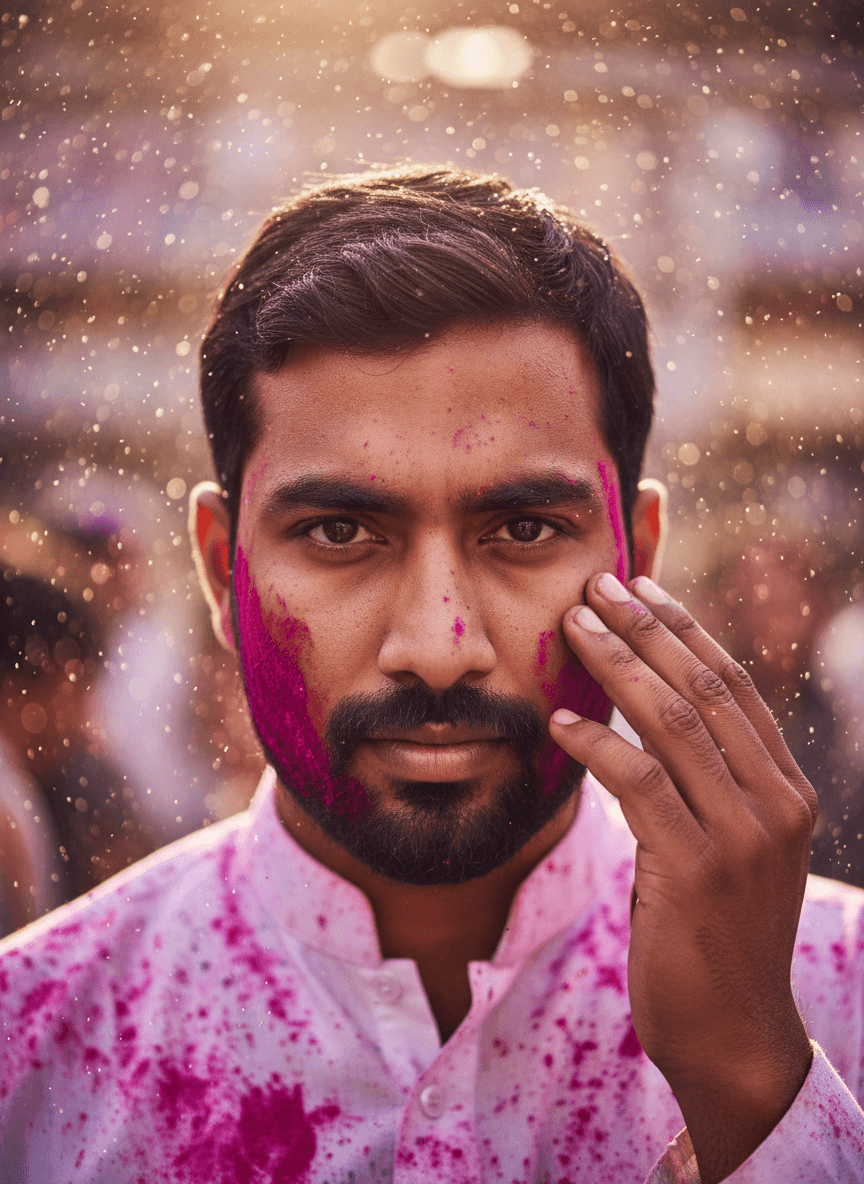 Close-up portrait of Indian man smearing Holi colors generated with Fotor AI