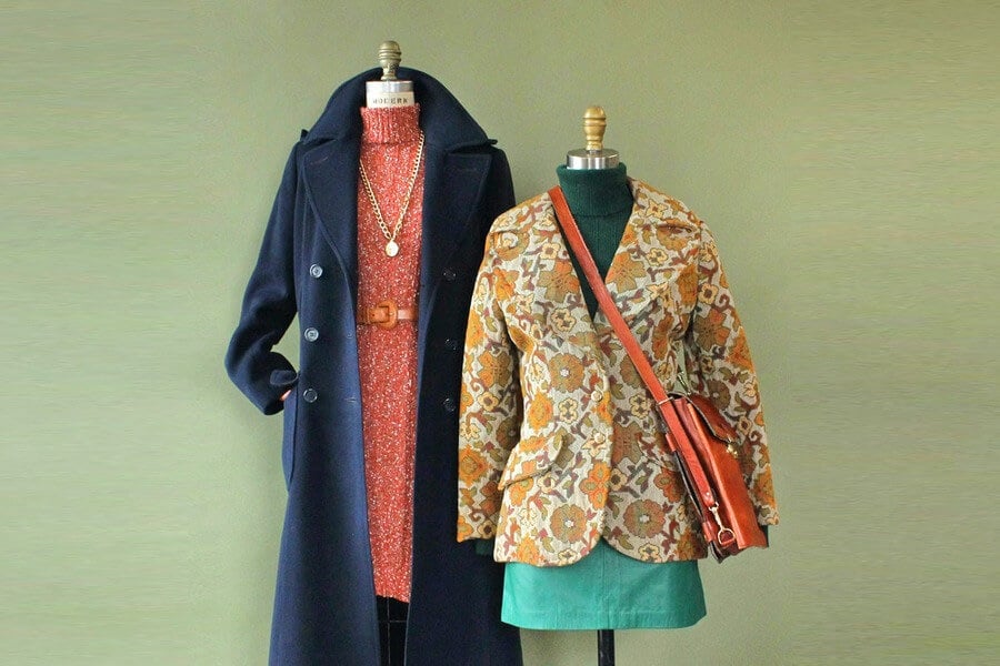 Clothing product photography of two vintage outfits displayed on mannequins