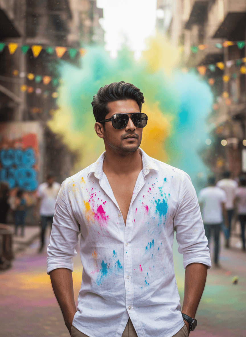 Cool Indian man with sunglasses in Holi celebration generated with Fotor AI