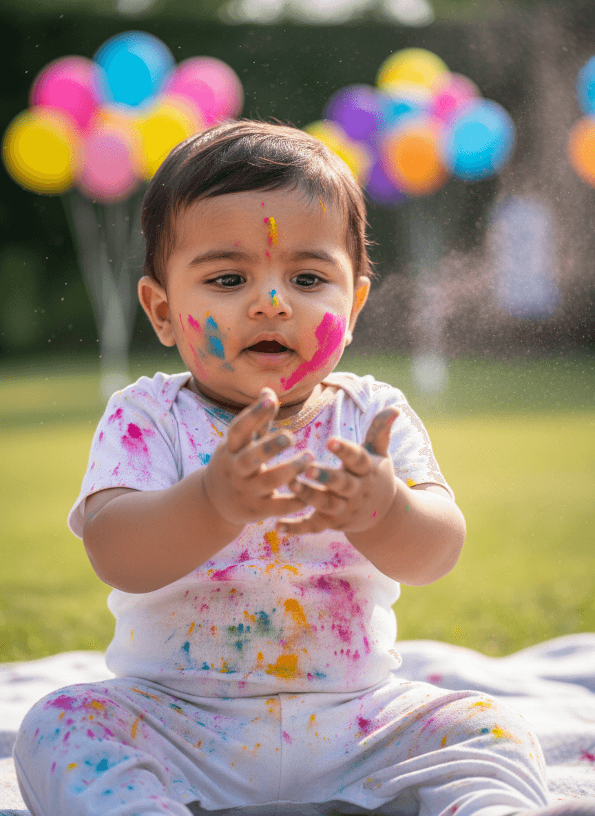 Cute Indian baby playing with Holi colors generated with Fotor AI
