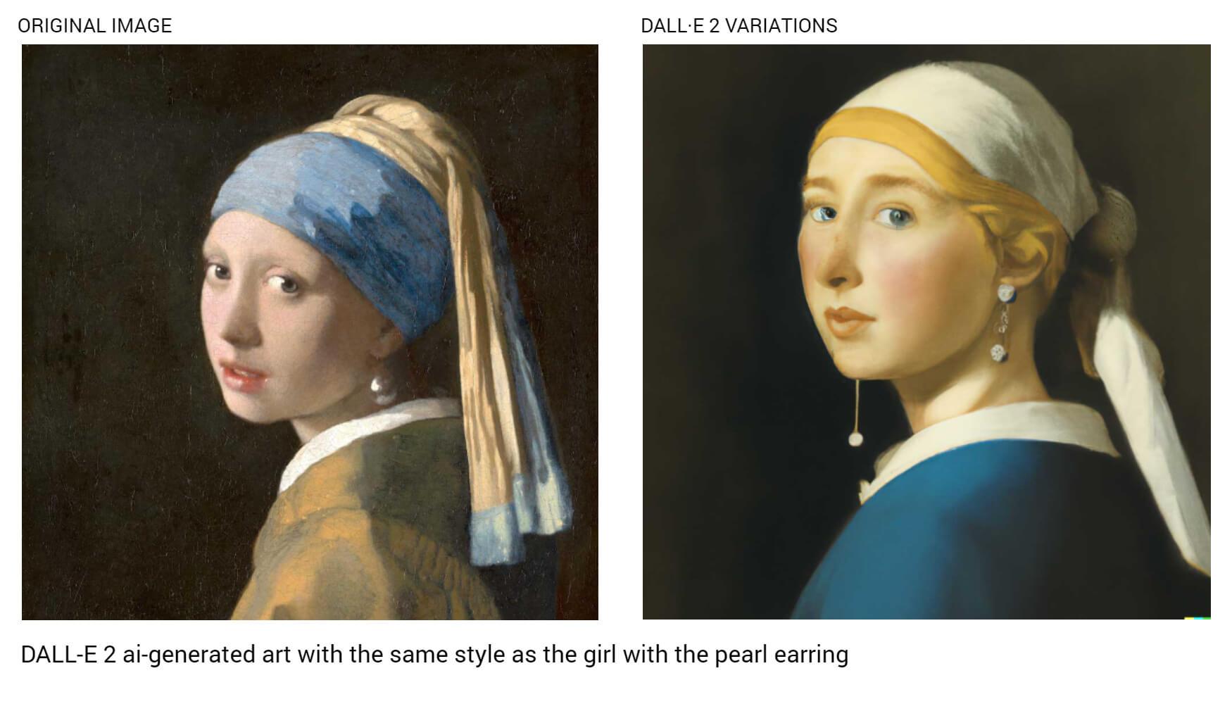 DALL-E 2 ai-generated art with the same style as the girl with the pearl earring