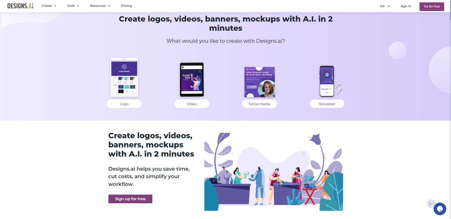 Design ai homepag to create logo, poster, video and mockup designs with AI in seconds