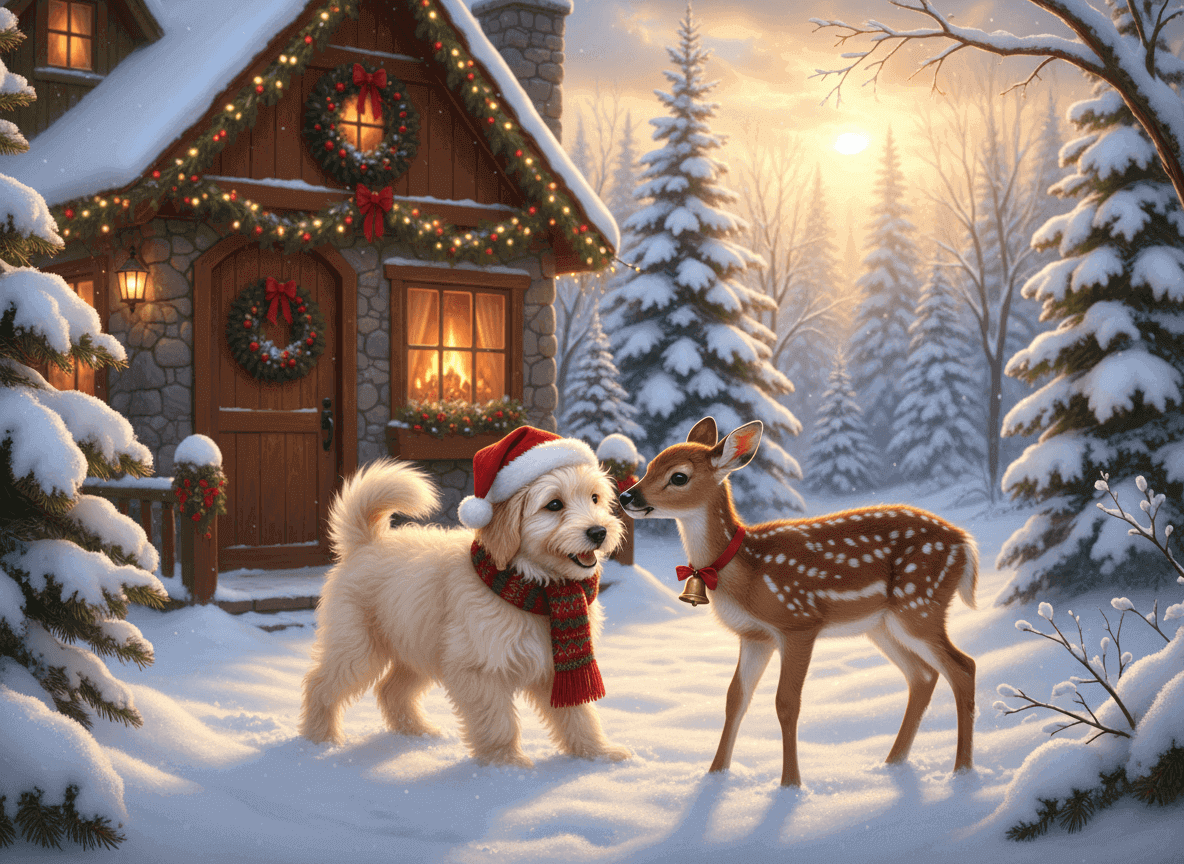 Ein statisches Weihnachtsbild mit einem Hund und einem Reh