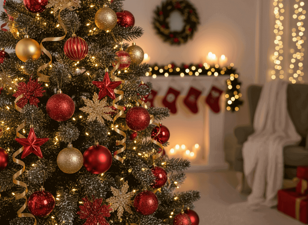 Weihnachtsbaum mit Dekos in roter und goldener Farben