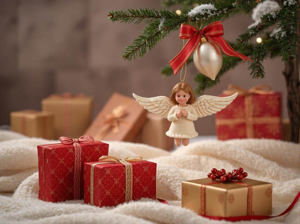 Ein Weihnachtsengel hängend am einen Weihnachtsbaum mit ein paar Weihanchtsgeschenken