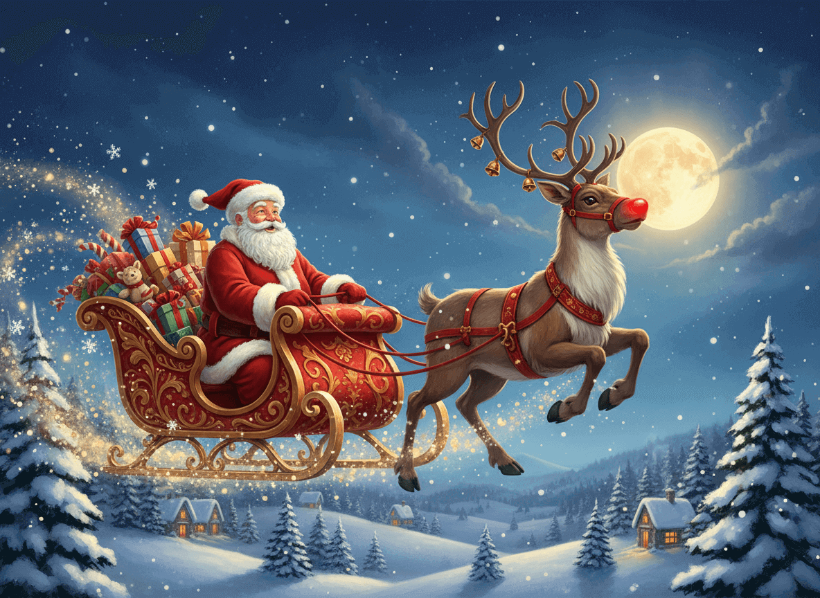 Ein Weihnachtsmann fährt sein Schlitten mit einem Rudolf