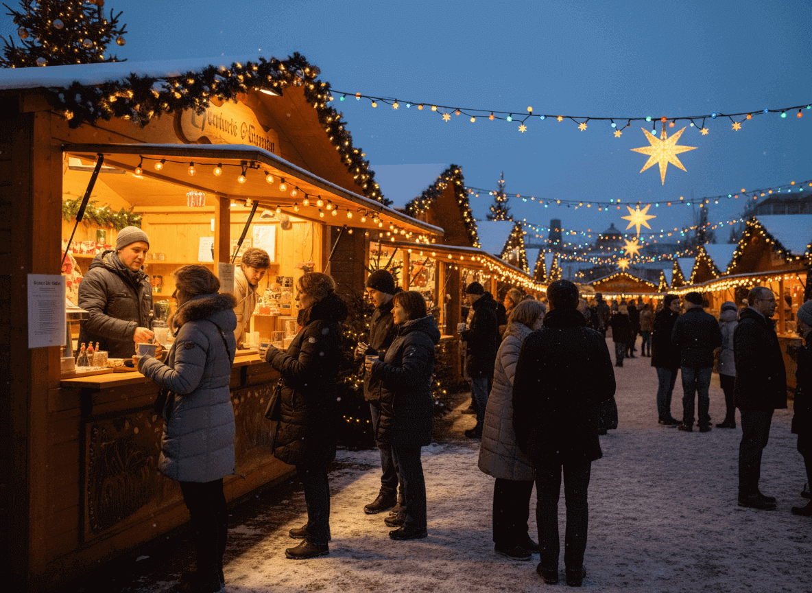 Einige Kunden warten vor einem Glühweinstrand in einem Weihnachtsmarkt